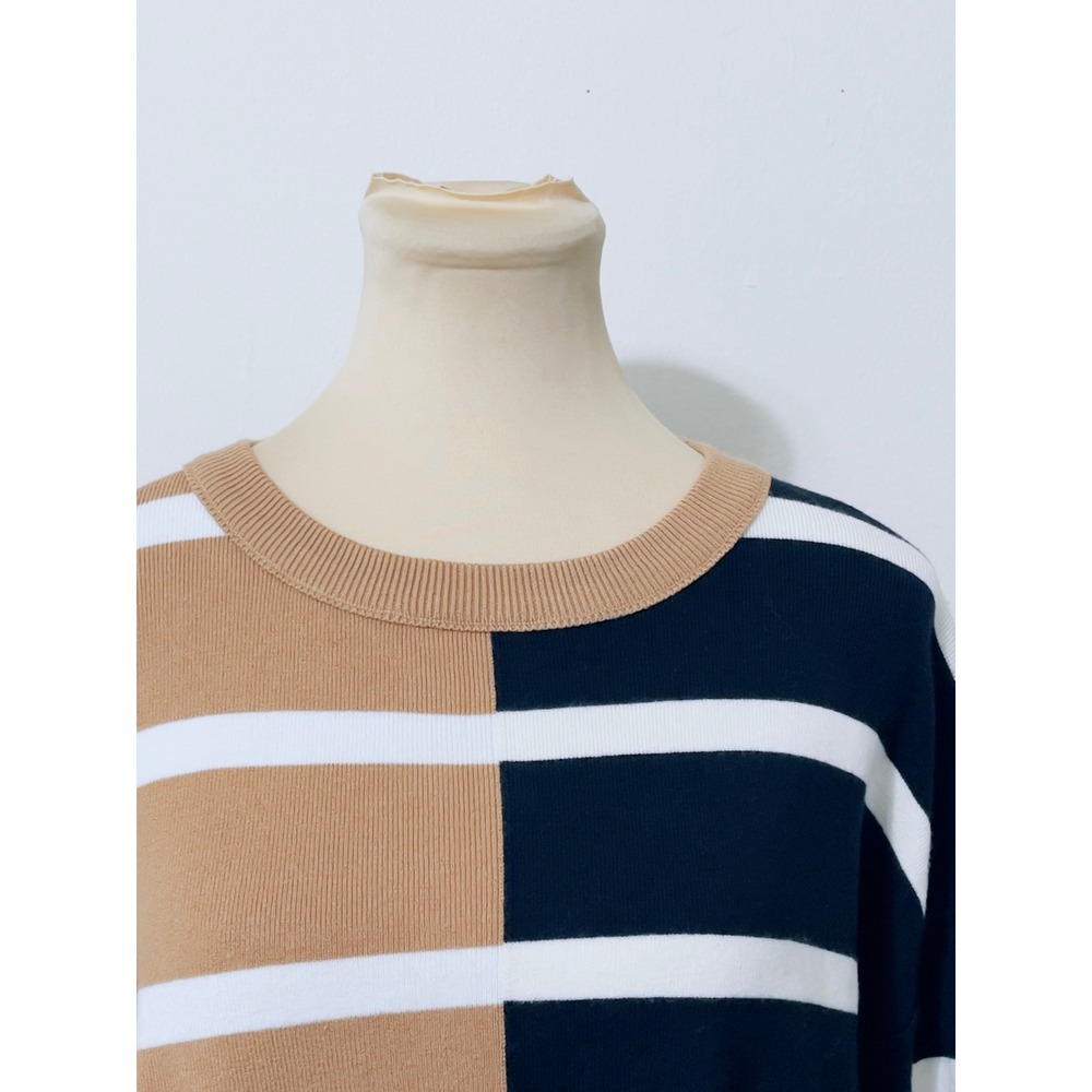 Colorblock Striped Crewneck Sweater S Black Camel Preppy Nautical Oversize - Picture 3 of 9